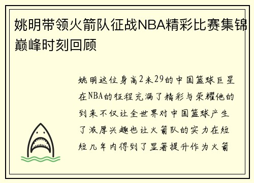 姚明带领火箭队征战NBA精彩比赛集锦巅峰时刻回顾
