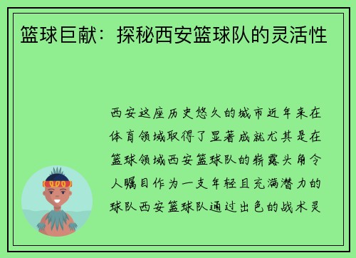 篮球巨献：探秘西安篮球队的灵活性