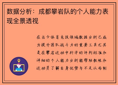 数据分析：成都攀岩队的个人能力表现全景透视