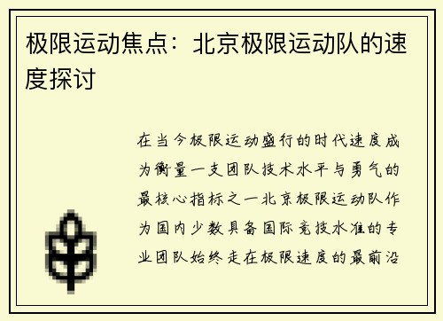 极限运动焦点：北京极限运动队的速度探讨