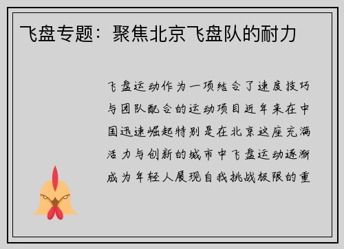 飞盘专题：聚焦北京飞盘队的耐力