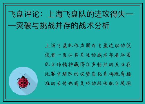 飞盘评论：上海飞盘队的进攻得失——突破与挑战并存的战术分析